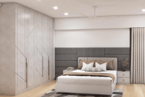 Grey wardrobe unit in a modern master bedroom