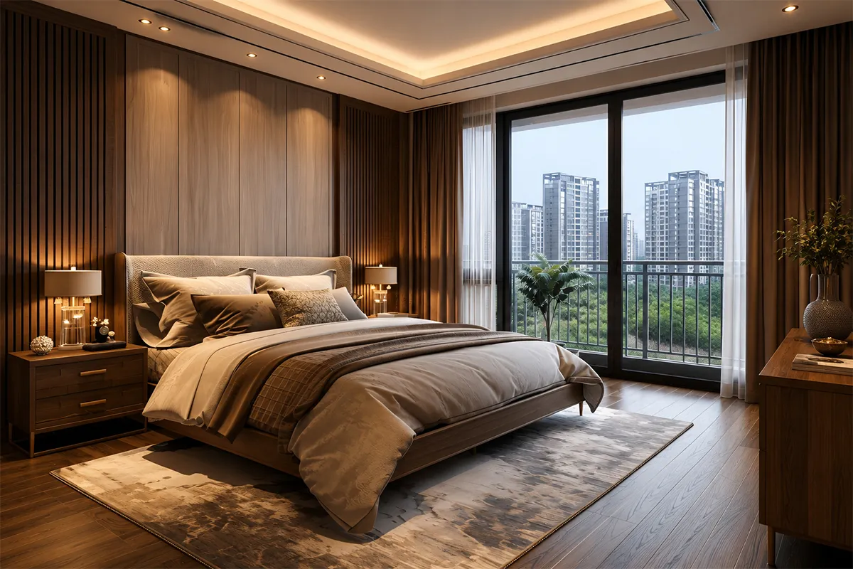 Master bedroom interior design with custom wardrobe in Bangalore