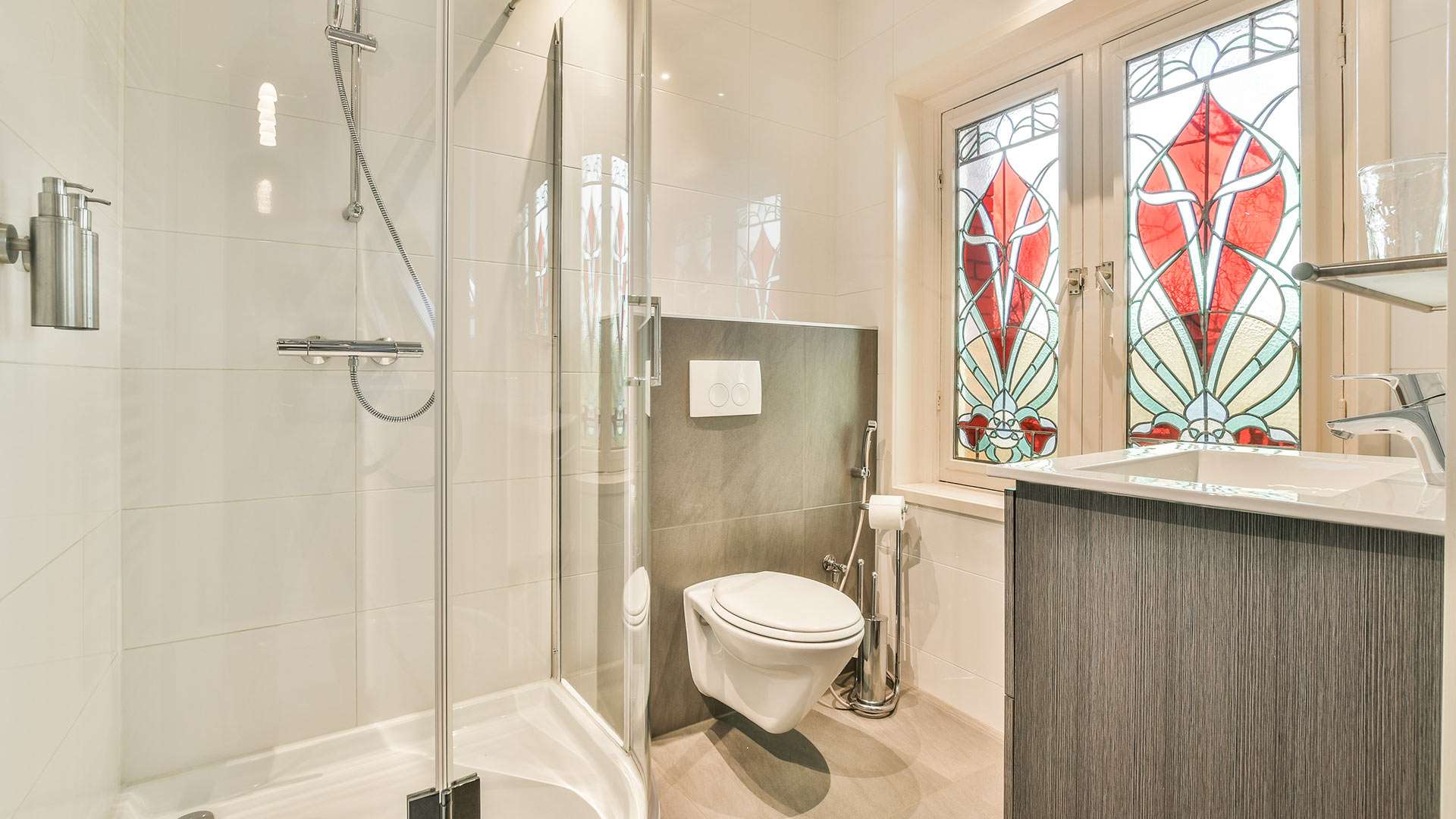 mall Bathroom with Stained Glass