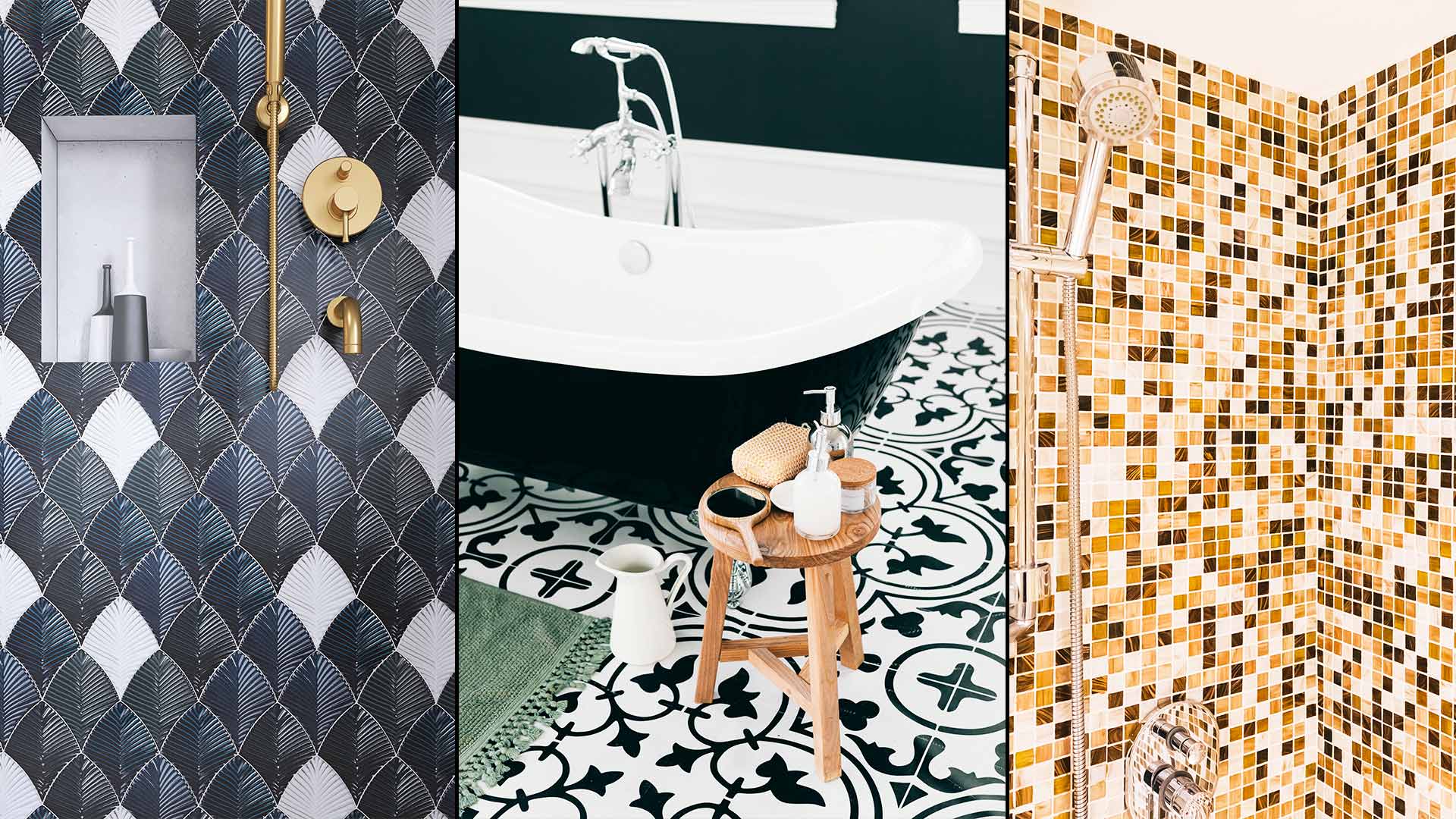 collage of unique tile Shapes and Patterns in bathroom