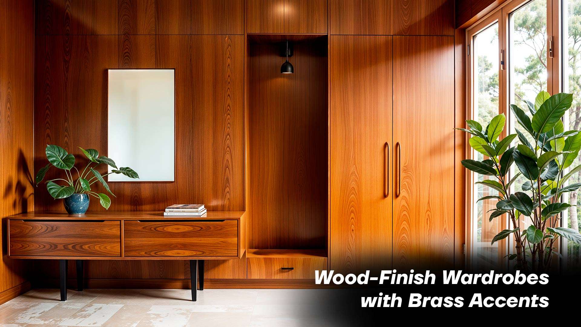 Wood-Finish Wardrobes with Brass Accents